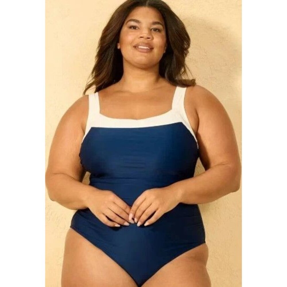 Shade & Shore Women's Contrast Binding Full Coverage One Piece Swimsuit Blue 24